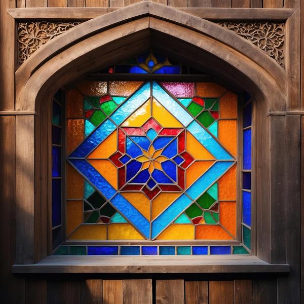 پنجره چوبی با گره‌چینی و شیشه‌های رنگی هندسی مناسب پوستر دیواری و دیوارپوش‌های سنگی