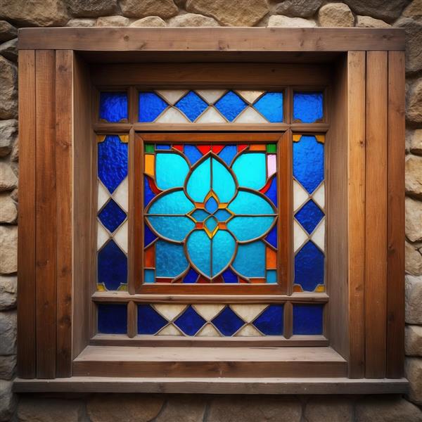 پوستر دیواری سه بعدی طرح شیشه رنگی فیروزه‌ای و لاجوردی برای پشت میز پذیرش و سالن‌های همایش