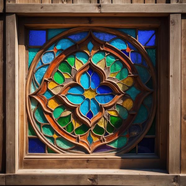 پوستر دیواری سه بعدی طرح ارسی و شیشه رنگی دایره‌ای برای دکوراسیون لابی و اتاق خواب