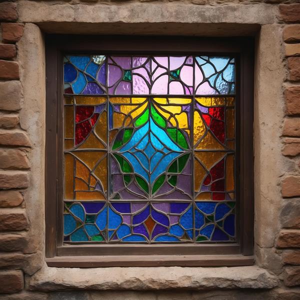 پنجره سنتی با شیشه‌های رنگی اسلیمی مناسب چاپ روی پرده و پوستر دیواری پذیرایی و تالار
