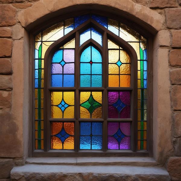 پنجره قوسی با تقسیمات هندسی منظم و رنگ‌های پاستلی مناسب برای چاپ پرده و روتختی اتاق خواب بزرگسال