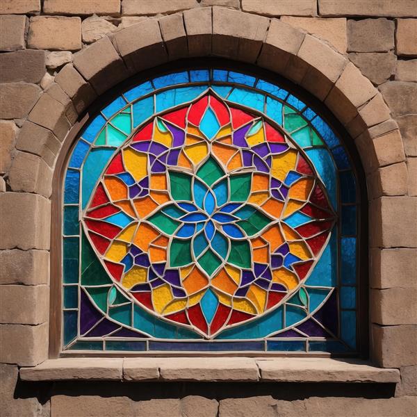 طرح ماندالا و گل کثیرالانتشار روی پنجره قوسی بزرگ مناسب برای پوستر دیواری مراکز یوگا و مدیتیشن