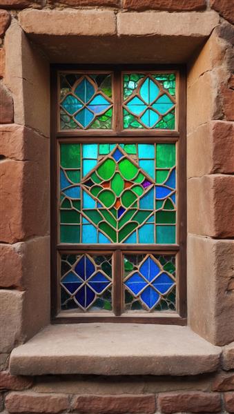 پنجره تزیینی با طیف رنگی سبز و آبی در قاب سنگی مناسب برای دیوارپوش و پوسترهای ضد آب حمام و استخر