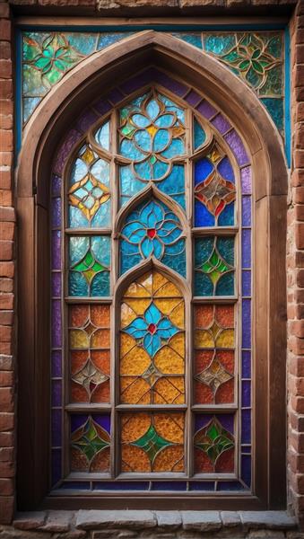 طرح اسلیمی و گل لوتوس بر روی پنجره ویترای بلند ویژه چاپ پوستر دیواری عمودی در راهروهای لوکس و تالار