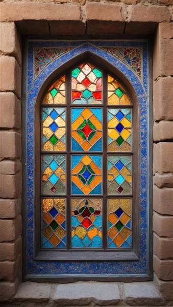 پنجره ارسی با نقش و نگار اسلیمی و کاشی‌کاری‌های حاشیه ویژه تولید کاغذ دیواری سه بعدی و روتختی چاپی