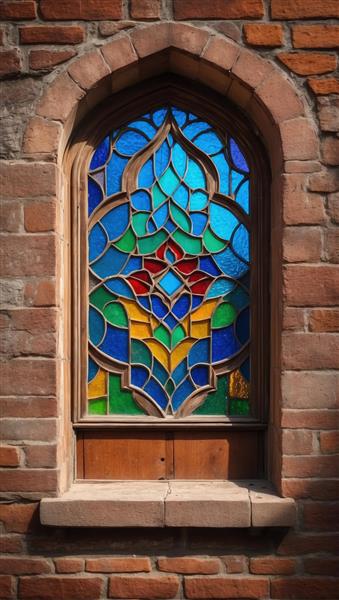 طرح محرابی پنجره با شیشه‌های رنگی در دل دیوار آجری قرمز ویژه پوستر دیواری اماکن اقامتی و سنتی