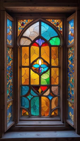منظره باز پنجره ویترای با نور خورشید و جزئیات چوبی ظریف مناسب برای دکور پشت میز پذیرش و سالن کنفرانس
