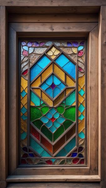 پوستر دیواری عمودی با نمای نزدیک از هنر ویترای و شیشه‌های رنگی در قاب چوبی برای دکوراسیون راهرو و لابی