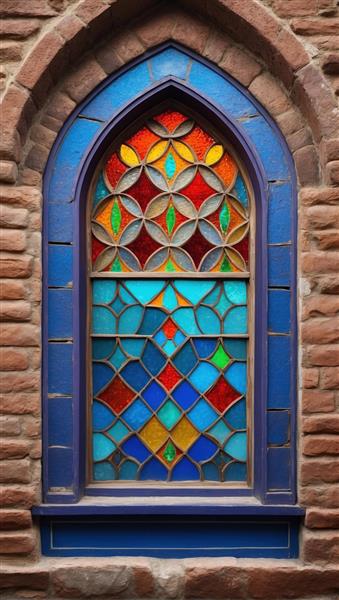 تصویر باکیفیت پنجره گوتیک با شیشه‌کاری رنگارنگ هندسی ویژه نصب در پذیرایی و اتاق خواب به عنوان تابلو دکوراتیو