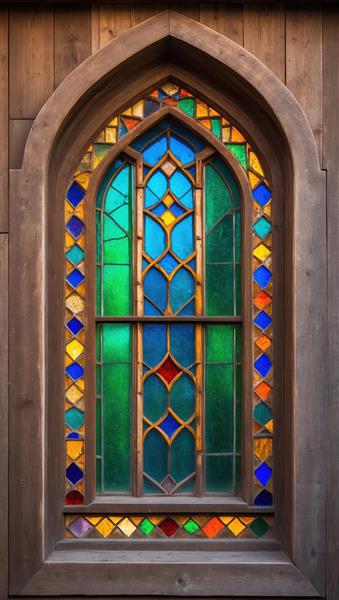 پنجره بلند چوبی با حاشیه شیشه‌های رنگی لوزی شکل ویژه پوستر دیواری عمودی برای راهرو و اتاق نشیمن