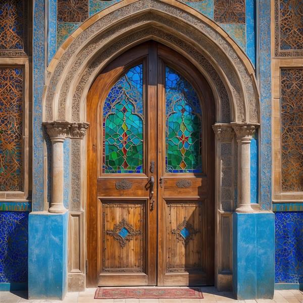 ورودی عمارت قدیمی با ستون‌های سنگی و درب شیشه‌ای رنگی برای چاپ پوستر دیواری سالن‌های بزرگ و تالار