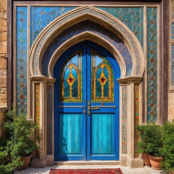 درب آبی فانتزی با شیشه‌های زرد و نارنجی در قاب سنگی مناسب برای پوستر دیواری باغ، ویلا و فضاهای باز