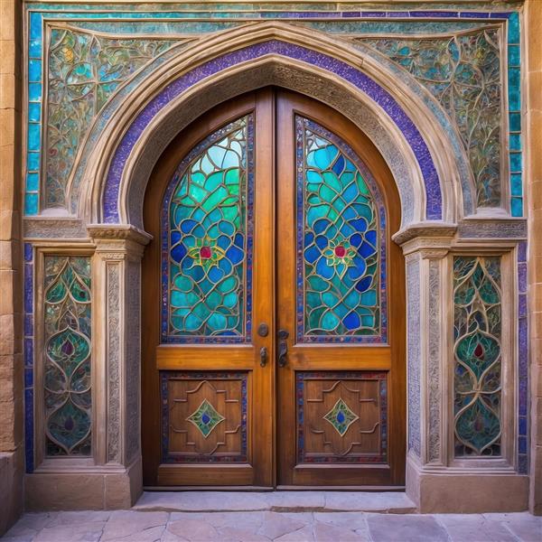 طرح لایه باز درب چوبی با کتیبه کاشی‌کاری و شیشه‌های رنگی برای پوستر دیواری سه بعدی پشت تختخواب