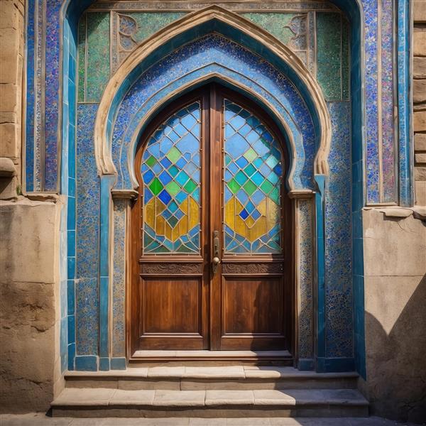 تصویر درب ورودی با کاشی‌کاری معرق و شیشه‌های رنگی هندسی جهت استفاده در پوستر دیواری هتل و رستوران سنتی