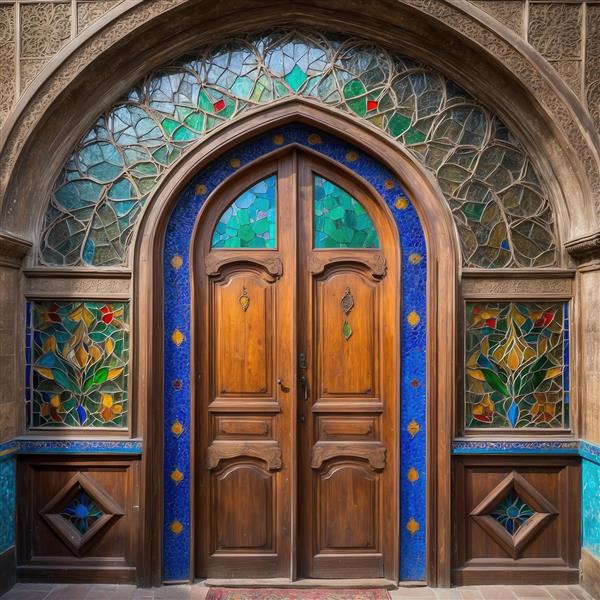 پوستر دیواری طرح درب چوبی کلاسیک با شیشه‌کاری ویترای و نقش گل‌های رنگارنگ برای اتاق خواب و راهرو