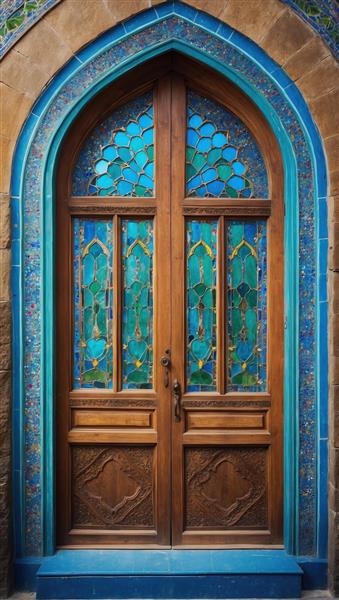 طرح درب چوبی با طاق فیروزه‌ای و شیشه‌های مشبک مناسب برای چاپ پوستر، تابلوی دکوراتیو و پارتیشن‌های سنتی