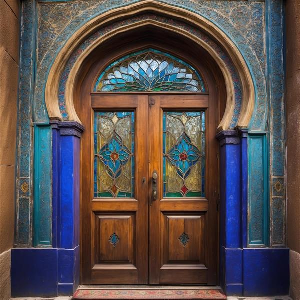 درب ورودی نعل اسبی با کاشی‌کاری آبی و شیشه‌های رنگی برای پوستر دیواری سه بعدی لابی هتل و ویلاهای لوکس