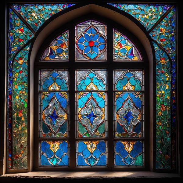 وکتور باکیفیت پنجره اسلیمی با شیشه‌های لاجوردی و فیروزه‌ای جهت چاپ پوستر دیواری سالن پذیرایی و فضاهای مذهبی