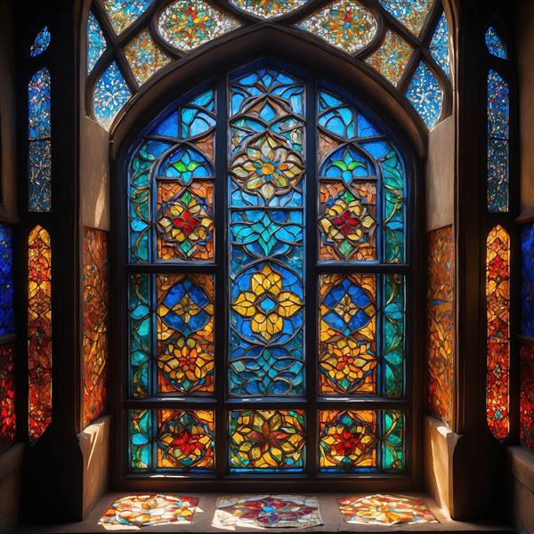 طرح گرافیکی پنجره‌های رنگی با نقوش گل و بوته ویژه دیوارپوش‌های ضدآب، بین کابینتی و تزیینات دیواری اتاق کودک