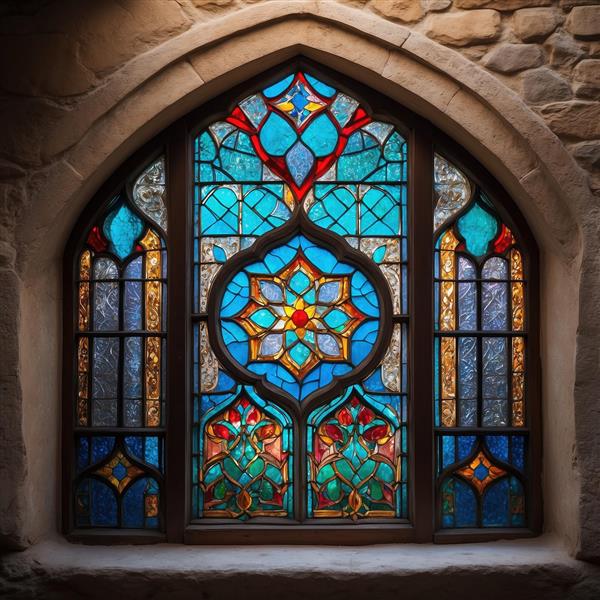 پنجره طاقی با شیشه منقوش و ستاره هشت‌پر سنتی انتخابی عالی برای پوستر دیواری سه بعدی و تابلوهای دکوراتیو اتاق خواب