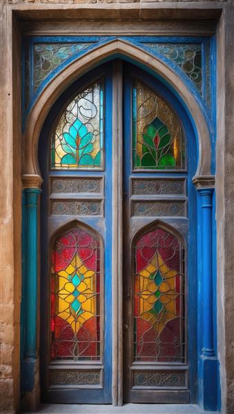 عکس هنری درب چوبی آبی رنگ با قوس جناغی و شیشه‌های تزئینی مناسب برای پوستر دیواری، چاپ روی فرش و روتختی فانتزی