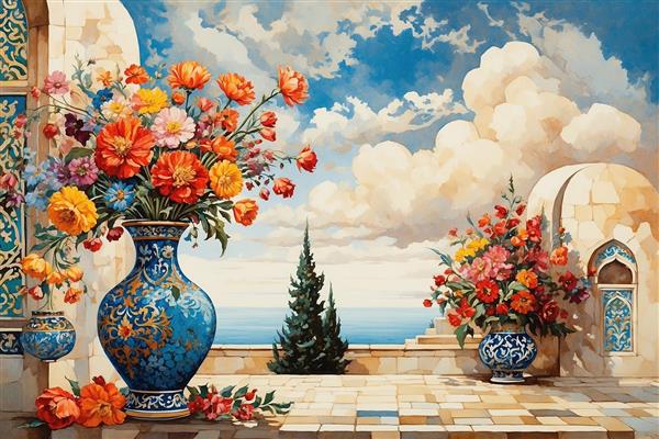 نقاشی آبرنگ گلدان سفالی آبی با گل‌های بهاری شاد ویژه چاپ روی بوم، تابلو دکوراتیو و پرده پانچی اتاق خواب و پذیرایی