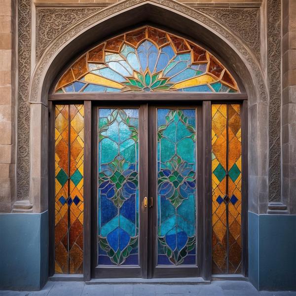 طرح درب چوبی سنتی با شیشه‌های رنگی اسلیمی مناسب چاپ پوستر دیواری سه بعدی برای ورودی هتل، لابی و تالار پذیرایی