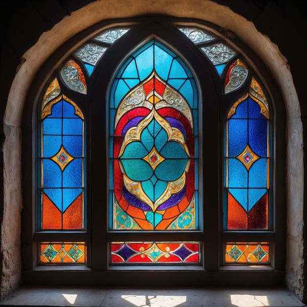 طرح شمسه شیشه‌ای در قاب محرابی با رنگ‌های درخشان مناسب برای پوستر دیواری سقف و دیوارهای شاخص