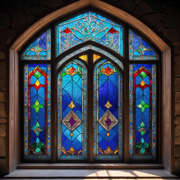 پنجره سه دری با شیشه‌های رنگی و قاب سنگی روستیک برای پوستر دیواری ویلا و رستوران‌های ییلاقی