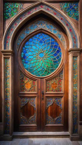 طرح ماندالای شیشه‌ای در قلب درب چوبی لوکس مناسب برای پوستر دیواری تالارها و سالن‌های مجلل