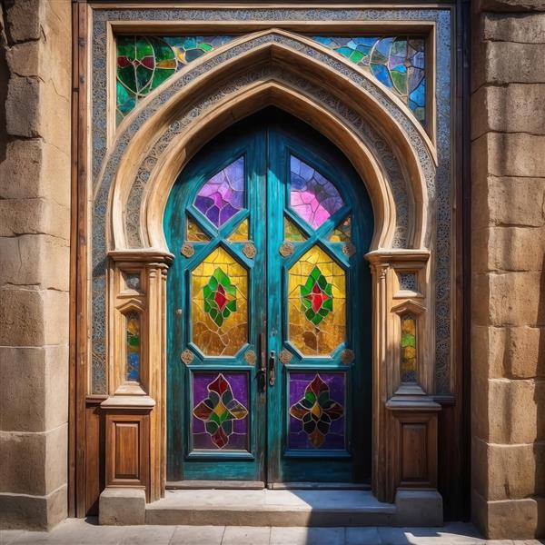 درب چوبی تیره با طرح خورشیدی شیشه‌ای در قاب سنگی برای پوستر دیواری راهرو و فضاهای کلاسیک