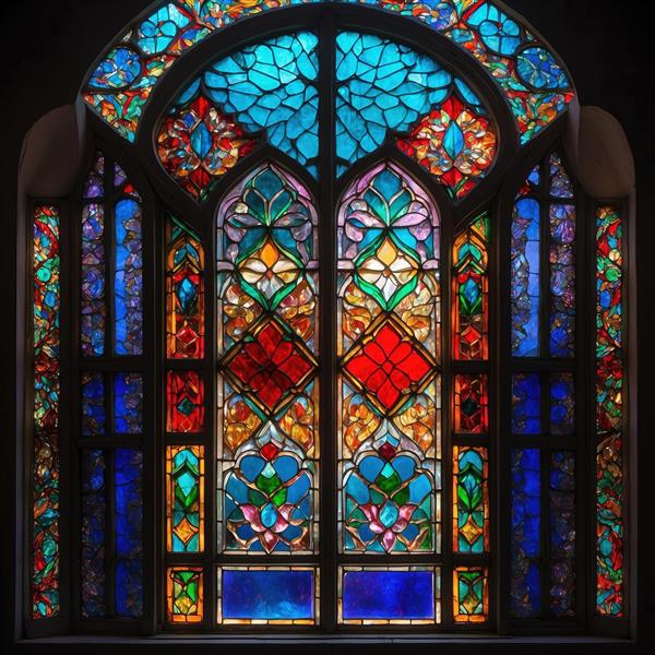 طرح هندسی شیشه منقوش با رنگ‌های گرم و سرد برای چاپ پارچه، پرده و پوستر دیواری سه بعدی اتاق خواب