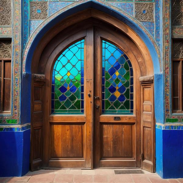 ورودی باشکوه با طاق جناغی و شیشه‌های ویترای اسلیمی برای دکوراسیون پشت میز پذیرش و پوستر دیواری پذیرایی