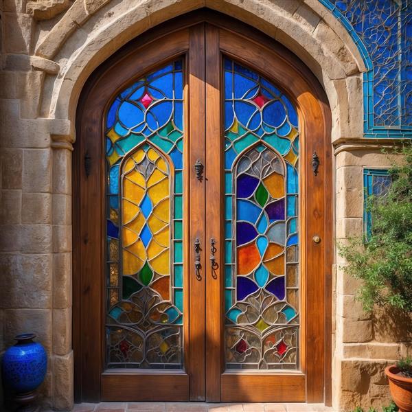 درگاه چوبی عمارت قدیمی با شیشه های رنگی و کاشی‌کاری معرق ویژه پوستر دیواری ورودی هتل‌های سنتی