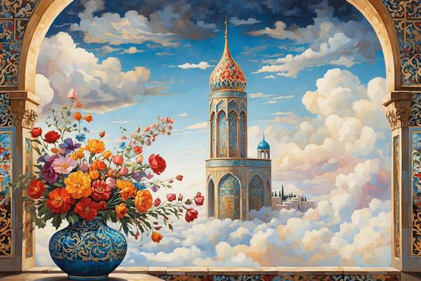 نقاشی سورئال گلدان گل و مناره‌های اسلامی در میان ابرها ویژه پوستر دیواری سقفی و دیوار شاخص سالن پذیرایی