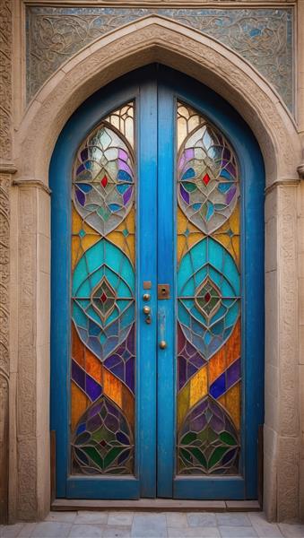 درب دو لنگه آبی کلاسیک با شیشه‌های ویترای مدرن و سنتی برای پوستر دیواری راهرو و ورودی ویلا