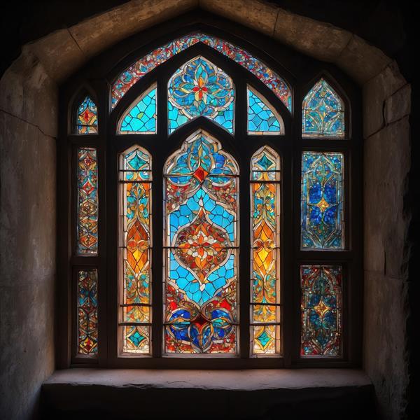 پنجره سنگی قدیمی با نقوش اسلیمی و شیشه‌های رنگی برای دکوراسیون پشت میز پذیرش و پوستر دیواری مدیتیشن