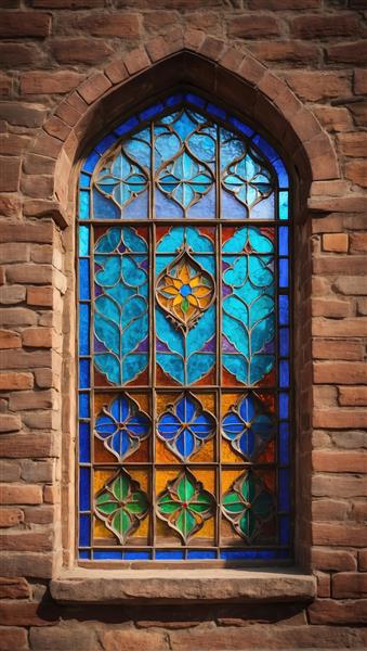 پنجره عمودی با طاق ضربی و شیشه‌های آبی لاجوردی در دل دیوار آجری برای پوستر دیواری کافه و فضاهای هنری