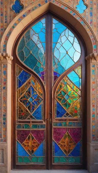 درگاه چوبی با شیشه‌های هندسی رنگی و طرح‌های خشتی سنتی ایده‌آل برای پوستر دیواری سه بعدی و دکوراسیون رستوران سنتی