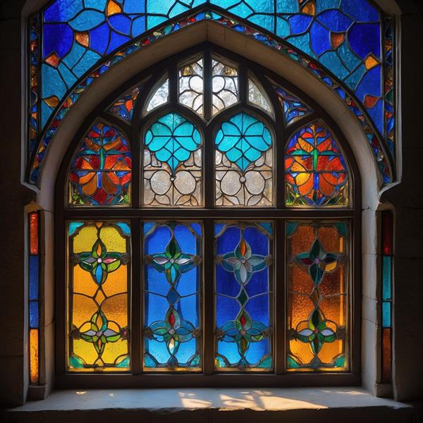 پنجره وسیع با شیشه‌های موزاییکی رنگارنگ و طرح گل گندم مناسب برای پرده چاپی و پوستر دیواری اتاق نشیمن