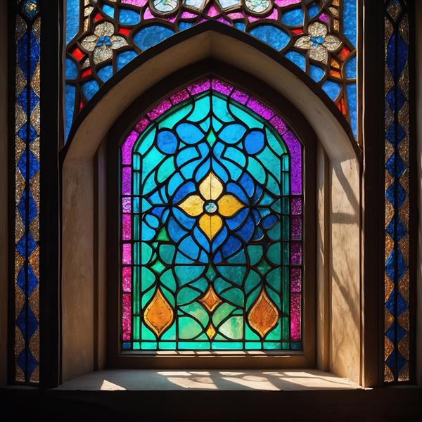 طرح اسلیمی شیشه منقوش رنگی در قاب محرابی ویژه چاپ روی شیشه و پوستر دیواری سه بعدی لابی هتل