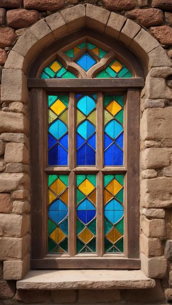 پنجره قدیمی با شیشه‌های رنگی سنتی و قاب سنگی روستیک مناسب برای پوستر دیواری پذیرایی و اتاق خواب