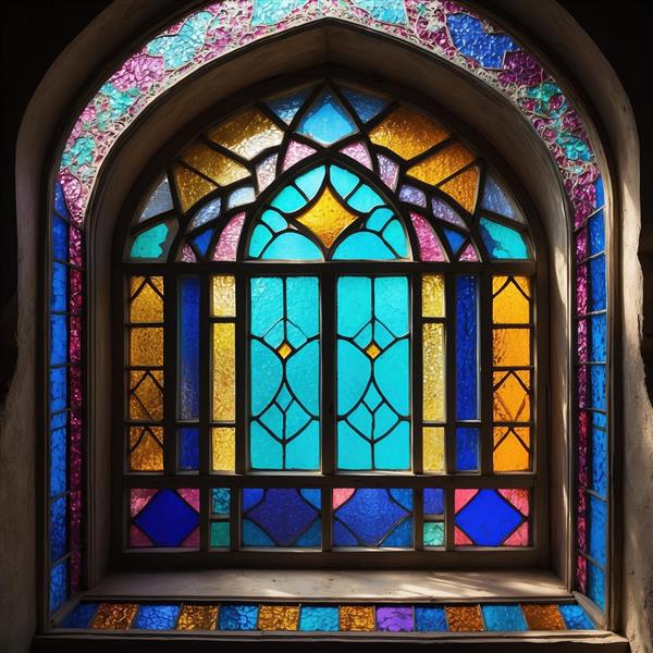 پوستر دیواری پنجره با شیشه‌های رنگی و نور خورشید مناسب برای دلباز کردن فضاهای کوچک و تاریک