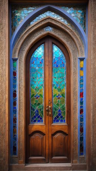 طرح درب دو لنگه کلاسیک با شیشه‌های عمودی آبی برای پوستر دیواری و پرده‌های چاپی سالن انتظار