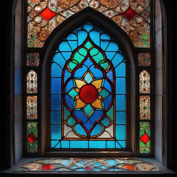 پوستر دیواری لوکس طرح پنجره دایره‌ای با خورشید سرخ میانی مناسب دکوراسیون تالار و ویلاهای مدرن