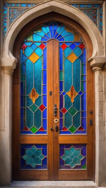 طرح درب چوبی سنتی با شیشه‌های رنگی هندسی جهت چاپ پوستر دیواری ۳ بعدی لابی و پشت کاناپه