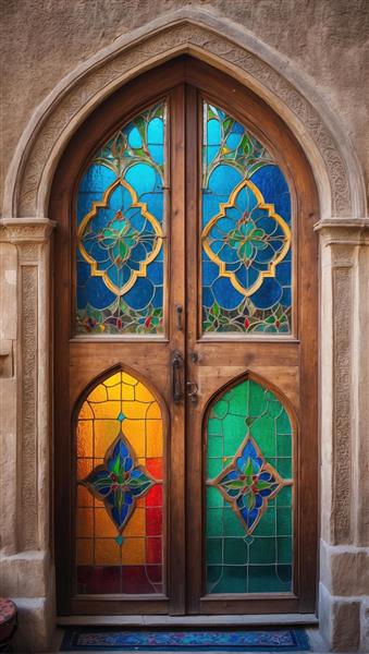 تصویر درب چوبی با طاق ضربی و شیشه‌های رنگی فیروزه‌ای برای پوستر دیواری اتاق مطالعه و کتابخانه