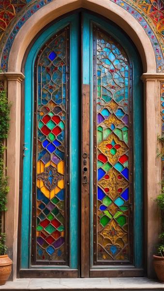 پوستر دیواری طرح درب بلند با شیشه‌های چندرنگ و گلدان طبیعی مناسب فضای ورودی و راهروهای باریک