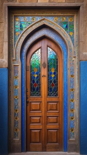 تصویر درب قدیمی با کادربندی آبی و شیشه‌های مشبک برای چاپ پرده تصویری و پوستر دیواری اتاق خواب