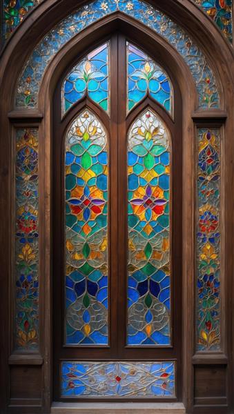 پوستر دیواری عمودی با طرح اسلیمی درب چوبی و گلهای رنگی ویژه دکوراسیون تالار و آرایشگاه زنانه